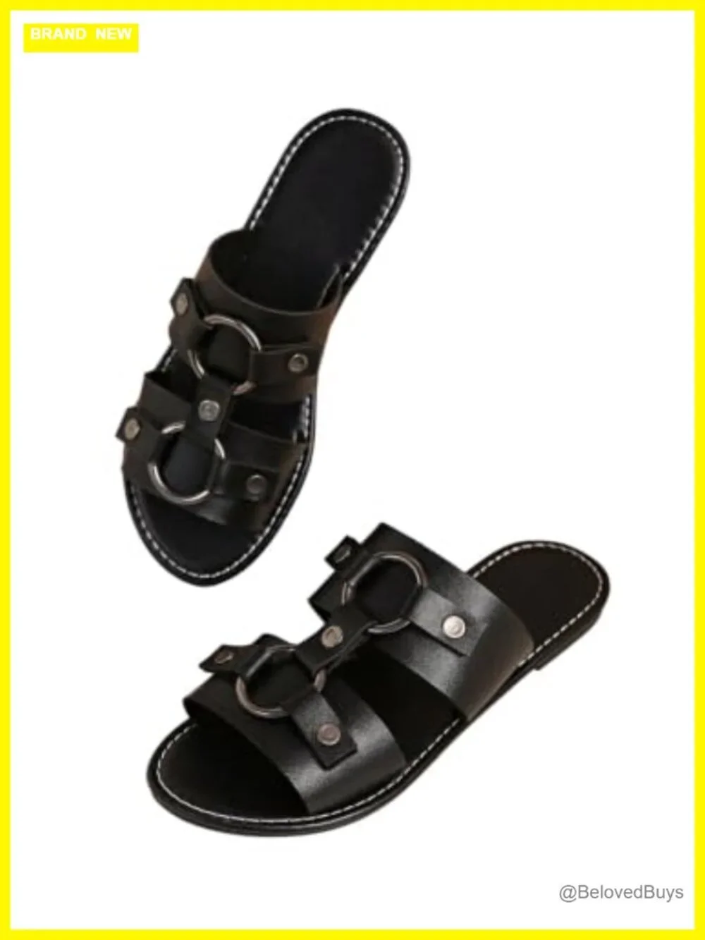 Faux Leather Ring Buckle Flat Sandals Open Toe Wide Strap Slide